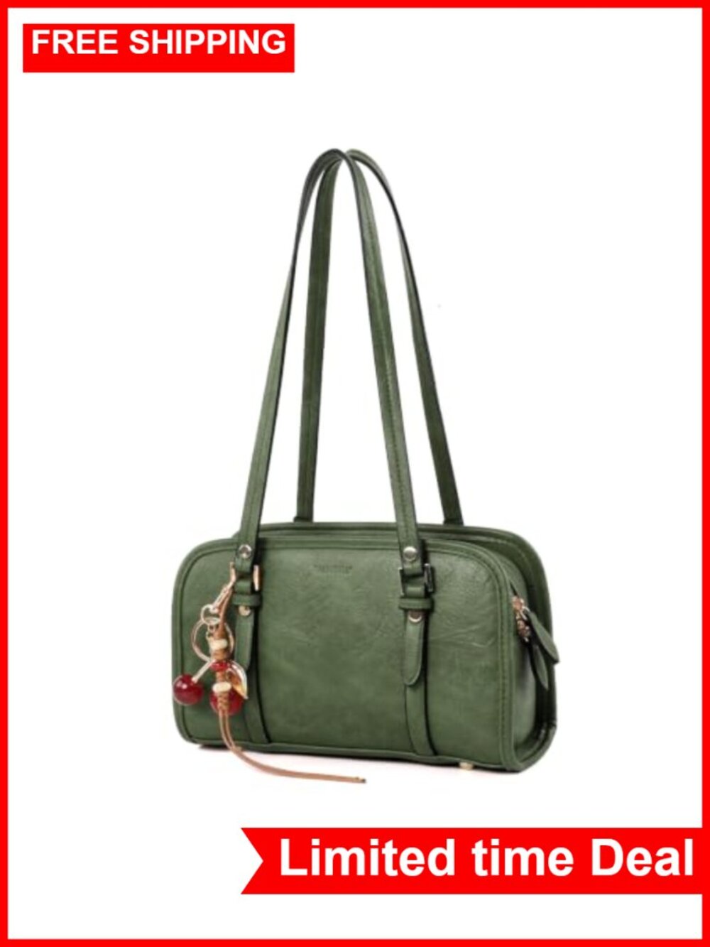 Vintage PU Leather Shoulder Bag with Cherry Charm